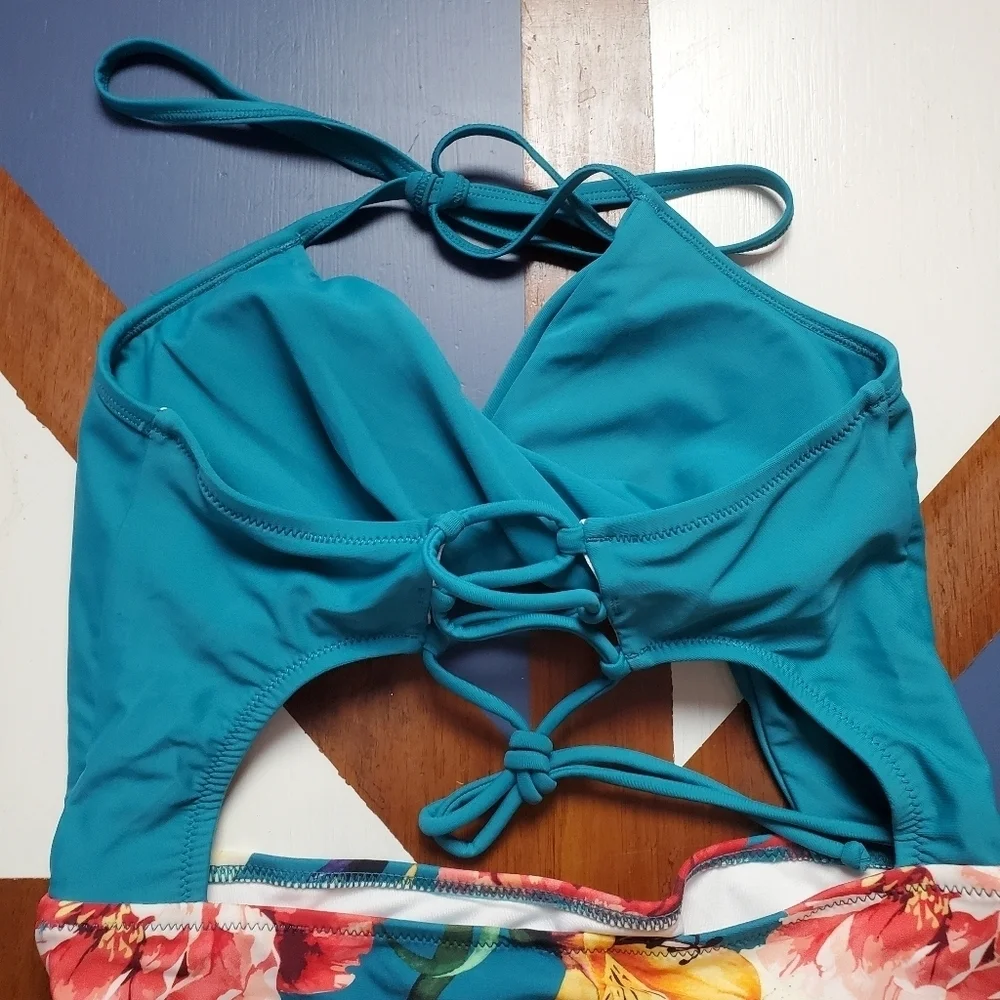 Cupshe Monokini One Piece Womens Medium Teal Floral Cutout Tie neck‎ High Waist